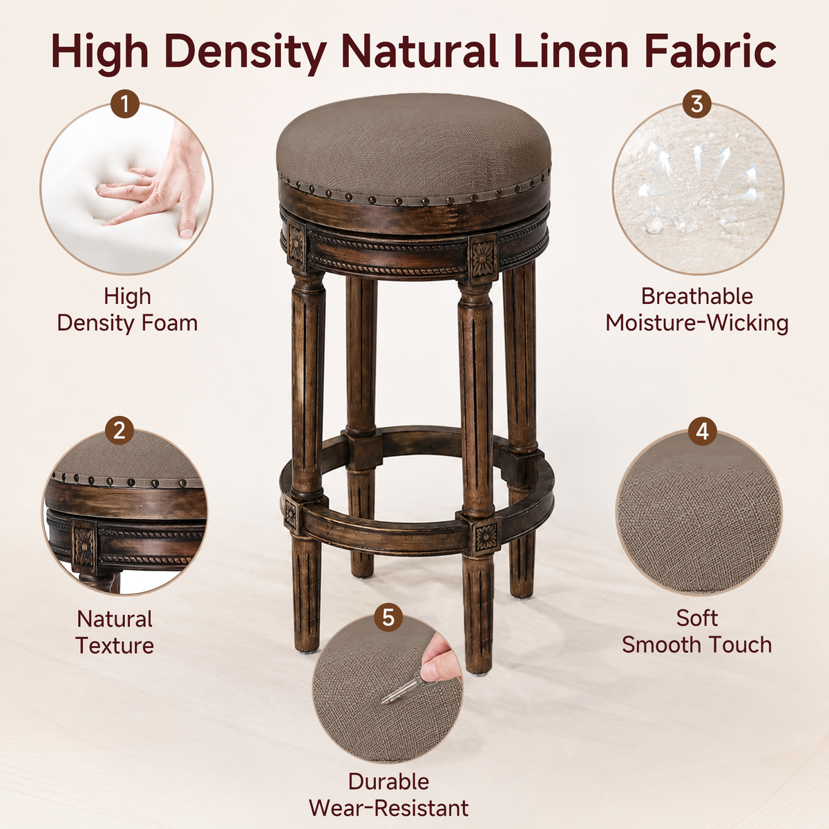 HomeMiYN Wooden Swivel Bar Stool Upholstered Retro Design with Studs