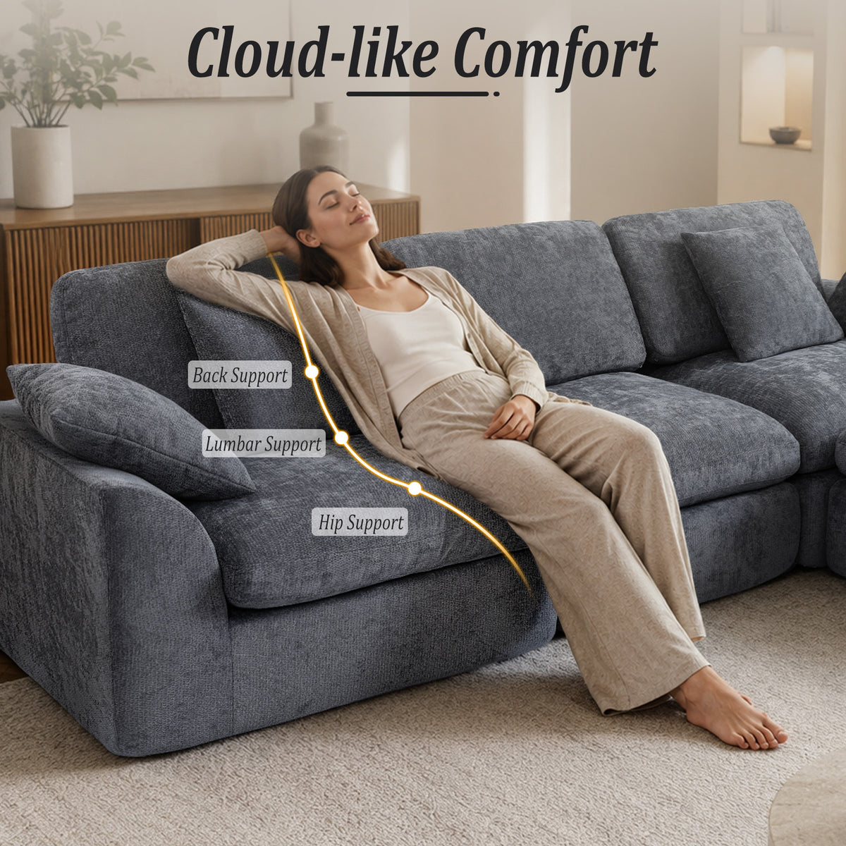 HomeMiYN 281cm 3-Seater L-Shaped Modular Corner Sofa, Chenille Fabric, Non-Vacuum Packaged