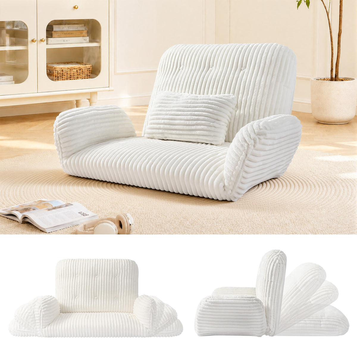 HomeMiYN Striped Plush Foldable Lazy Recliner Armchair with Cushion for Living Room and Bedroom