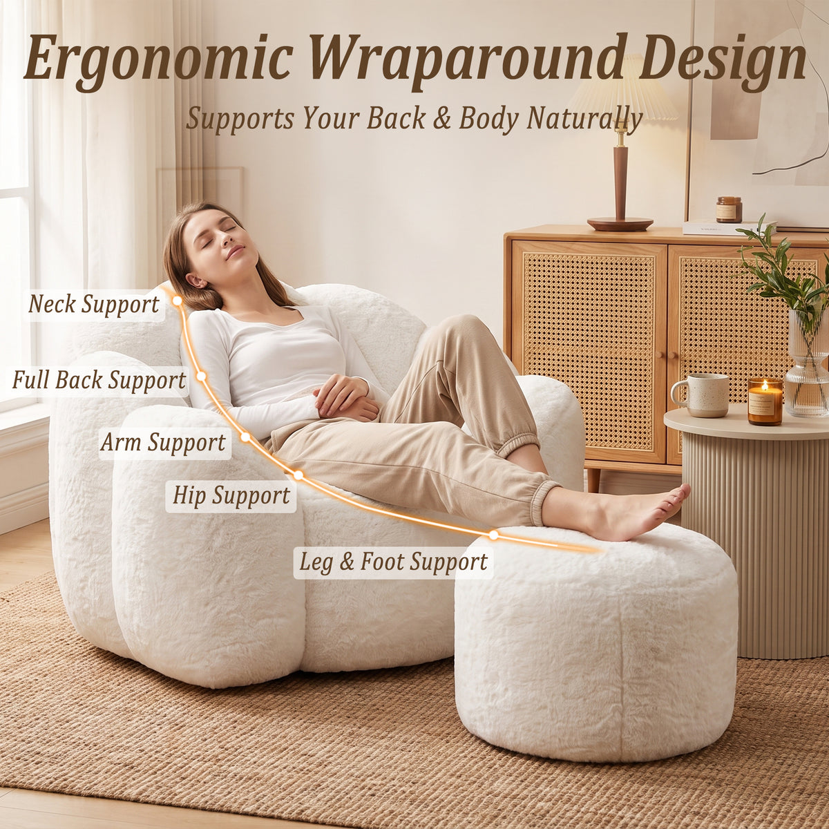 HomeMiYN Plush Bean Bag Chair with Stool for Living Room and Bedroom