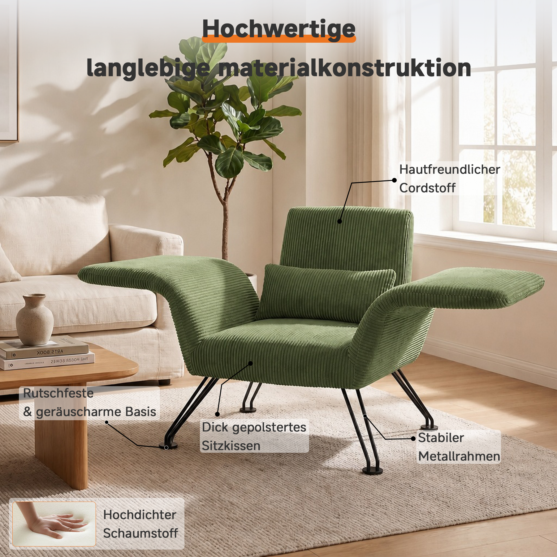Moderner Loungesessel, Grau, Gestreifter Stoff, Metallbeine, Bequemer Relaxsessel mit Kissen,Geeignet für Wohnzimmer, Schlafzimmer und Balkon