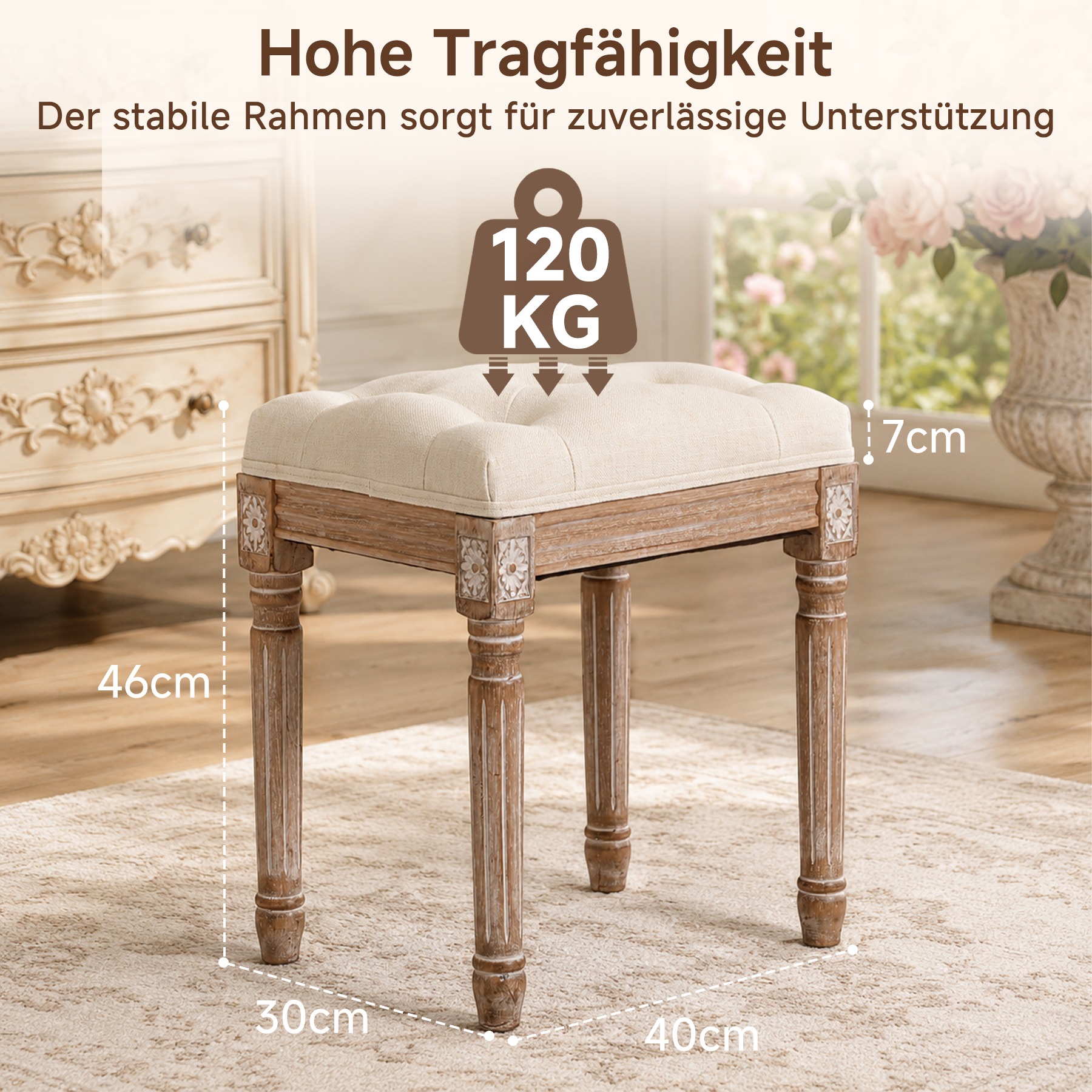 Schuhhocker Vintage mit Schnitzereien, gepolsterter Sitz, Einzelsitz | Vintage Schuhhocker aus Massivholz mit Schnitzereien. Getufteter Sitz, stabiler Used-Look für Flur oder Schlafzimmer.