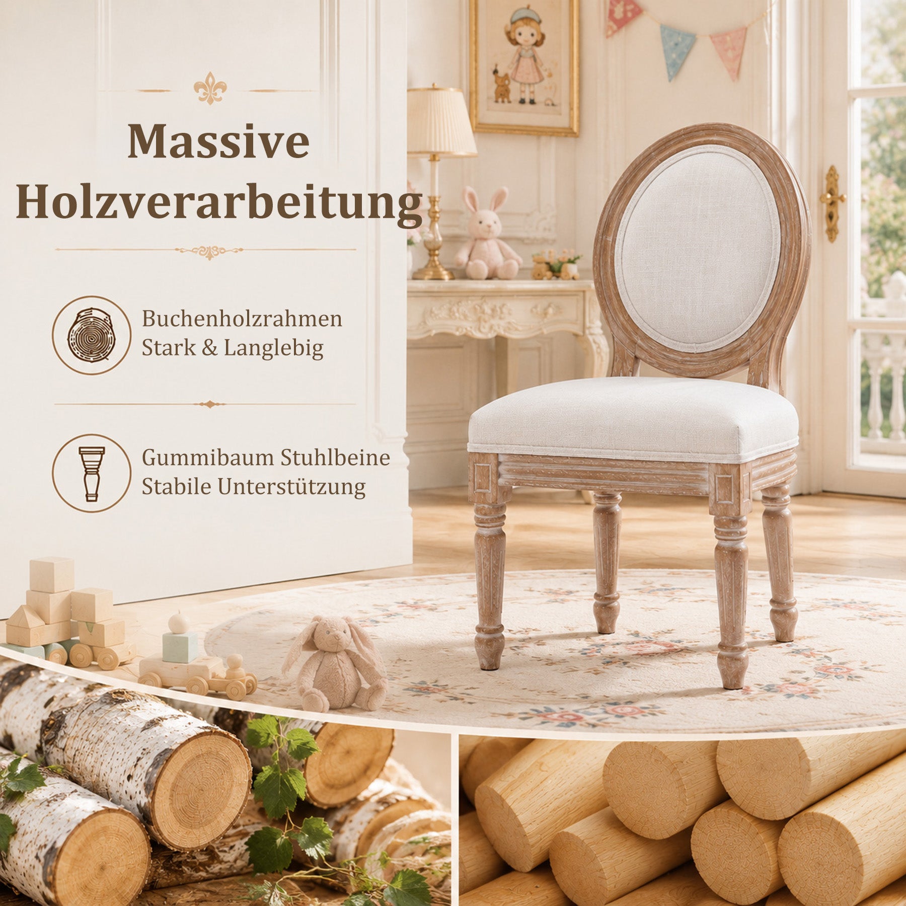 Kinder Holzstuhl,Geeignet für Kinder von 3 bis 12 Jahren,Ergonomische Sitzfläche,Medaillonstuhl Design,Leicht zu reinigen,Kinderstuhl für Zimmer und Garten,Kaffeebraun