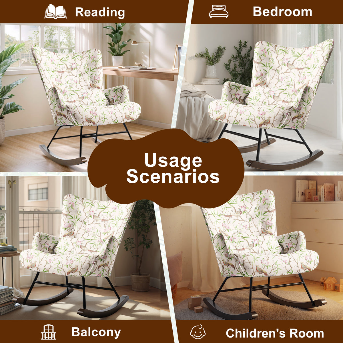 HomeMiYN Modern Single Rocking Chair, Printed Linen-Look Fabric with Ample Cushioned Seat