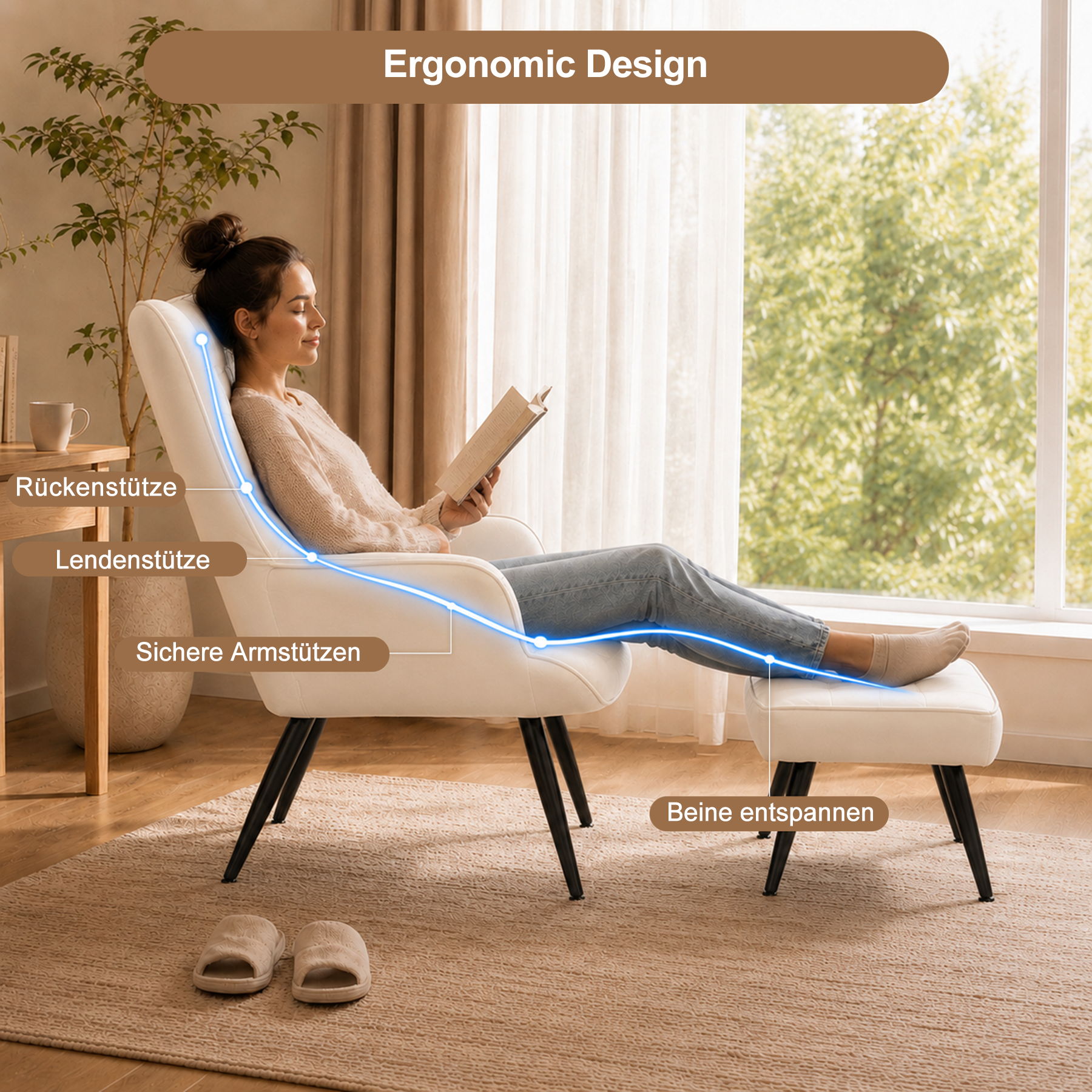 Sessel Ohrensessel mit Samtgeknöpfte Akzentarm-Loungesessel mit vergoldeten Metallbeinen und Lendenrückenlehne, Esszimmerstuhl mit Flügellehne für Wohnzimmer/Schlafzimmer/Büro