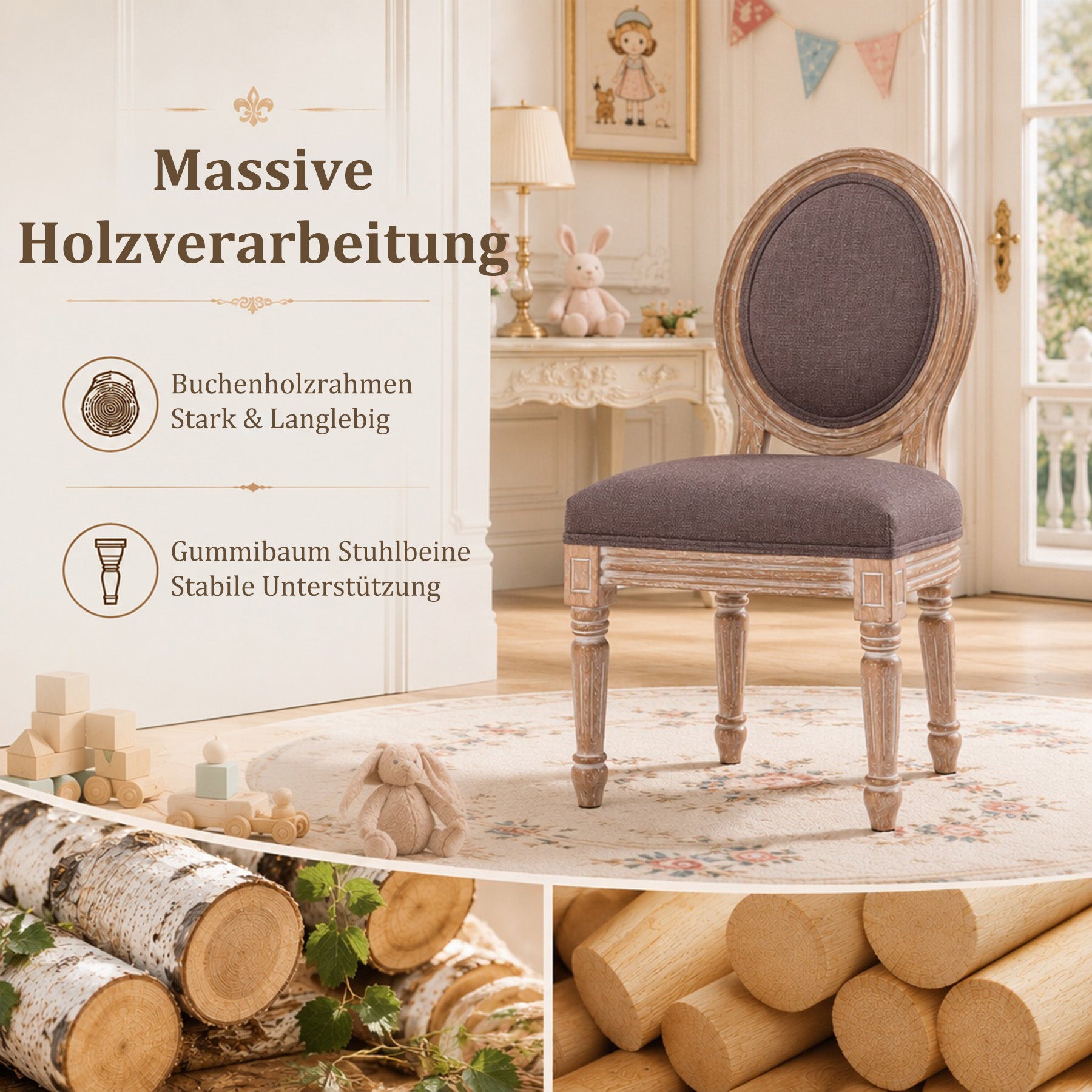 Kinder Holzstuhl,Geeignet für Kinder von 3 bis 12 Jahren,Ergonomische Sitzfläche,Medaillonstuhl Design,Leicht zu reinigen,Kinderstuhl für Zimmer und Garten,Kaffeebraun