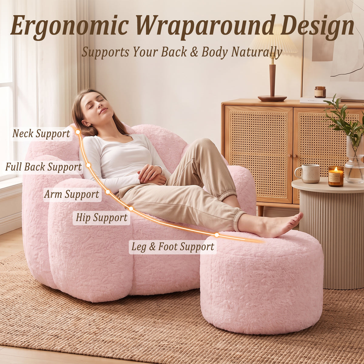 HomeMiYN Plush Bean Bag Chair with Stool for Living Room and Bedroom