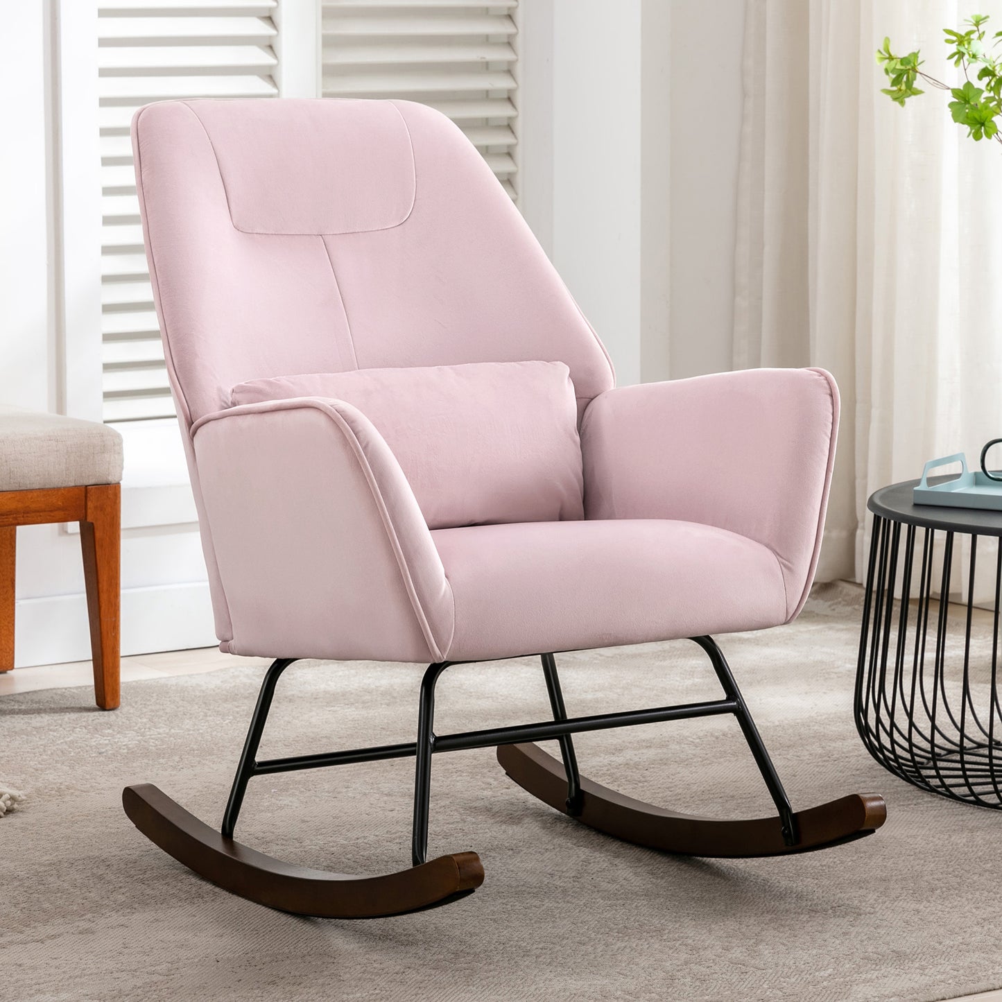 HomeMiYN Velvet Lounge Rocking Chair Light Pink Upholstered Accent Chair