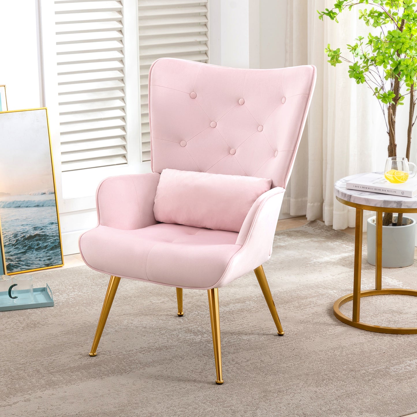 HomeMiYN Velvet Accent Chair Tufted Buttoned Wingback Armchair Pink