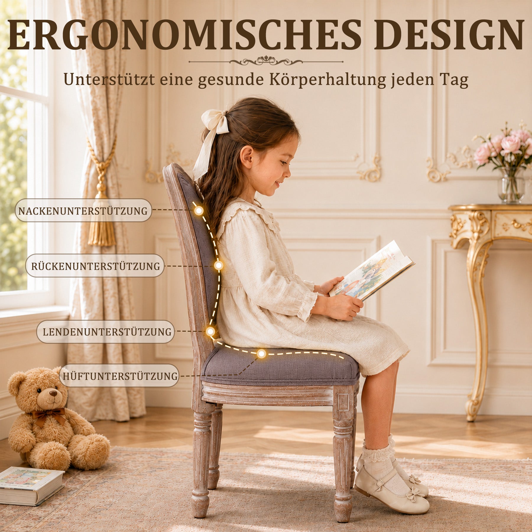 Kinder Holzstuhl,Geeignet für Kinder von 3 bis 12 Jahren,Ergonomische Sitzfläche,Medaillonstuhl Design,Leicht zu reinigen,Kinderstuhl für Zimmer und Garten,Kaffeebraun
