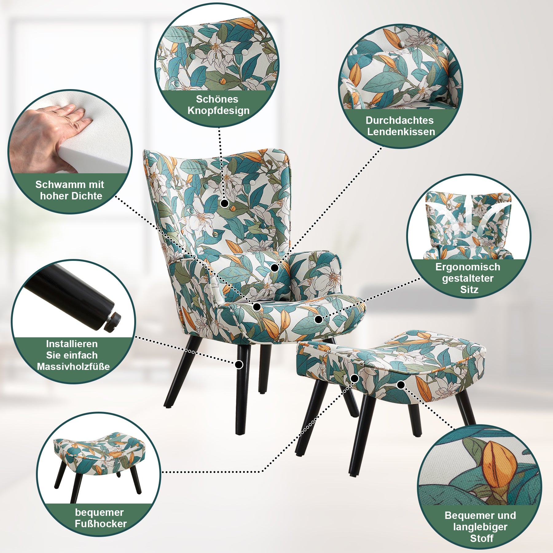 Printed Single Seater Sofa in Faux Linen Fabric