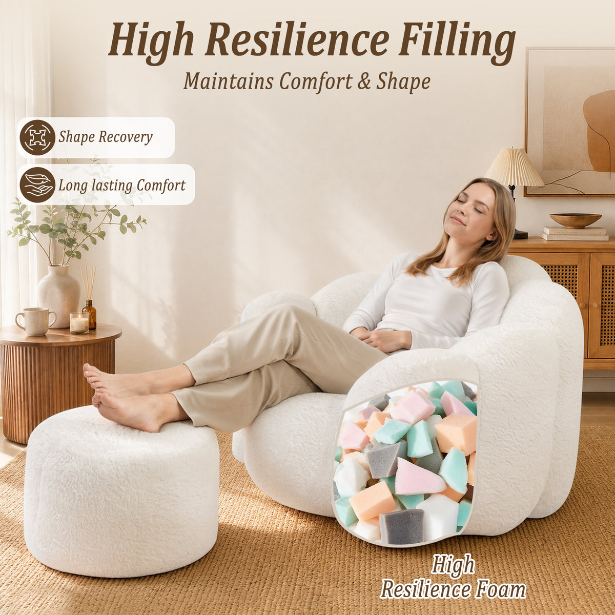 HomeMiYN Plush Bean Bag Chair with Stool for Living Room and Bedroom