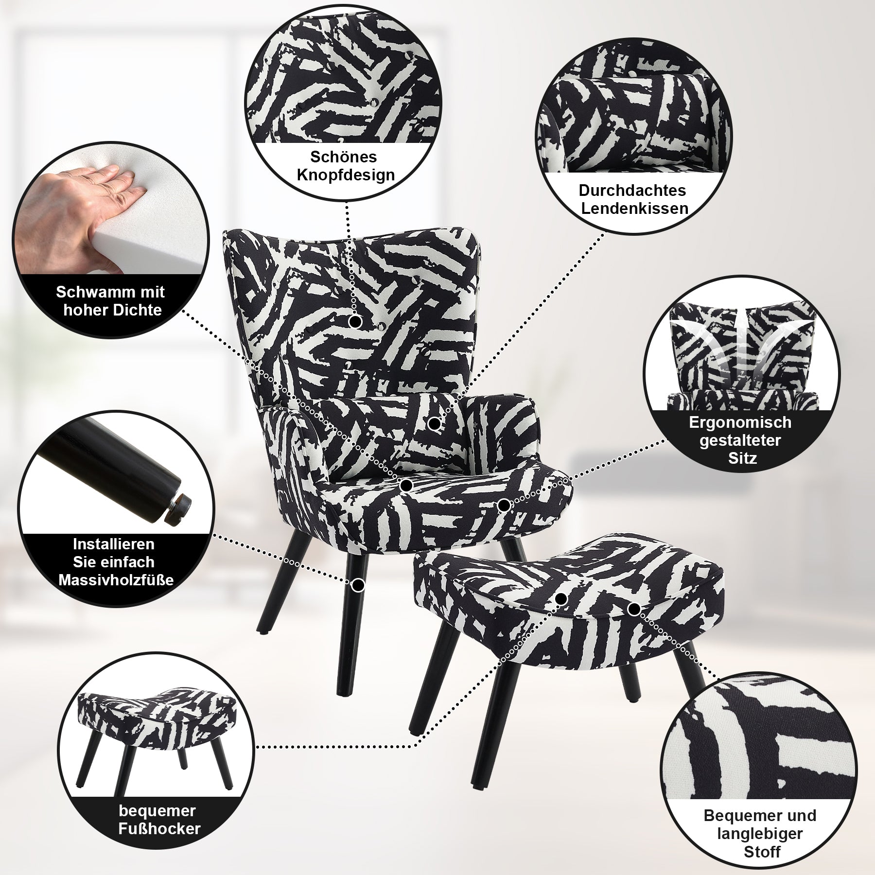 Printed Single Seater Sofa in Faux Linen Fabric