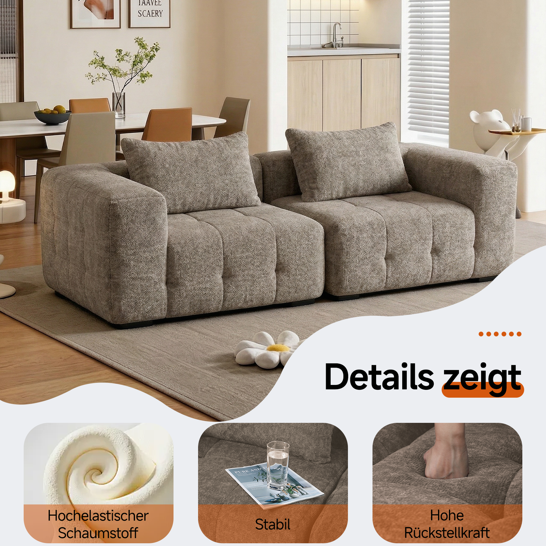 2er Boneless Sofa, Modular Sofa aus Chenille, Ohne Montage | Cloud Couch, Komprimiertes Sofa, hochelastisch, frei kombinierbares Wohnzimmer Sofa bis 240 kg