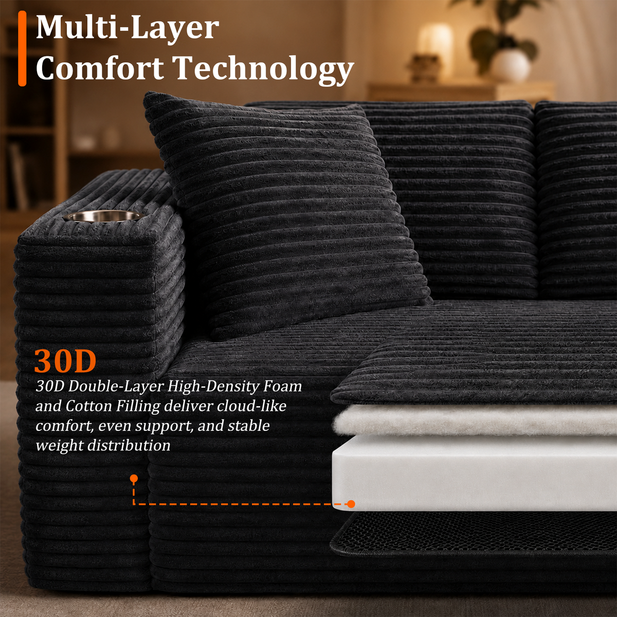 HomeMiYN 265cm 3-Seater L-Shaped Corner Sofa with Chaiselounge, No Assembly Required