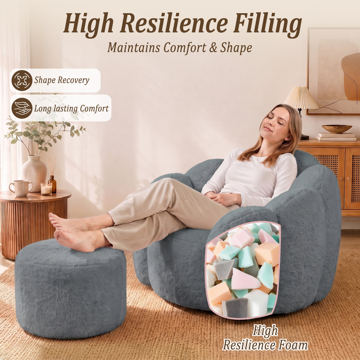 HomeMiYN Plush Bean Bag Chair with Stool for Living Room and Bedroom