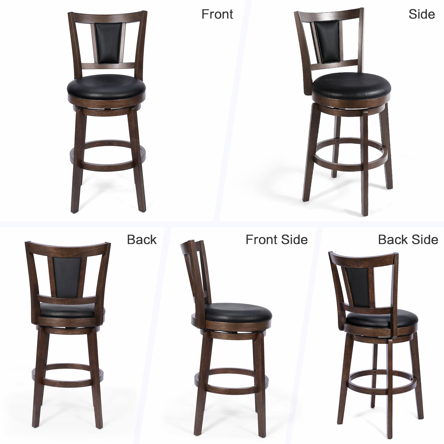 2 Set of Swivel Bar Stool with Square Padded Back & Seat – Mid-Century Modern Counter Height Chair
