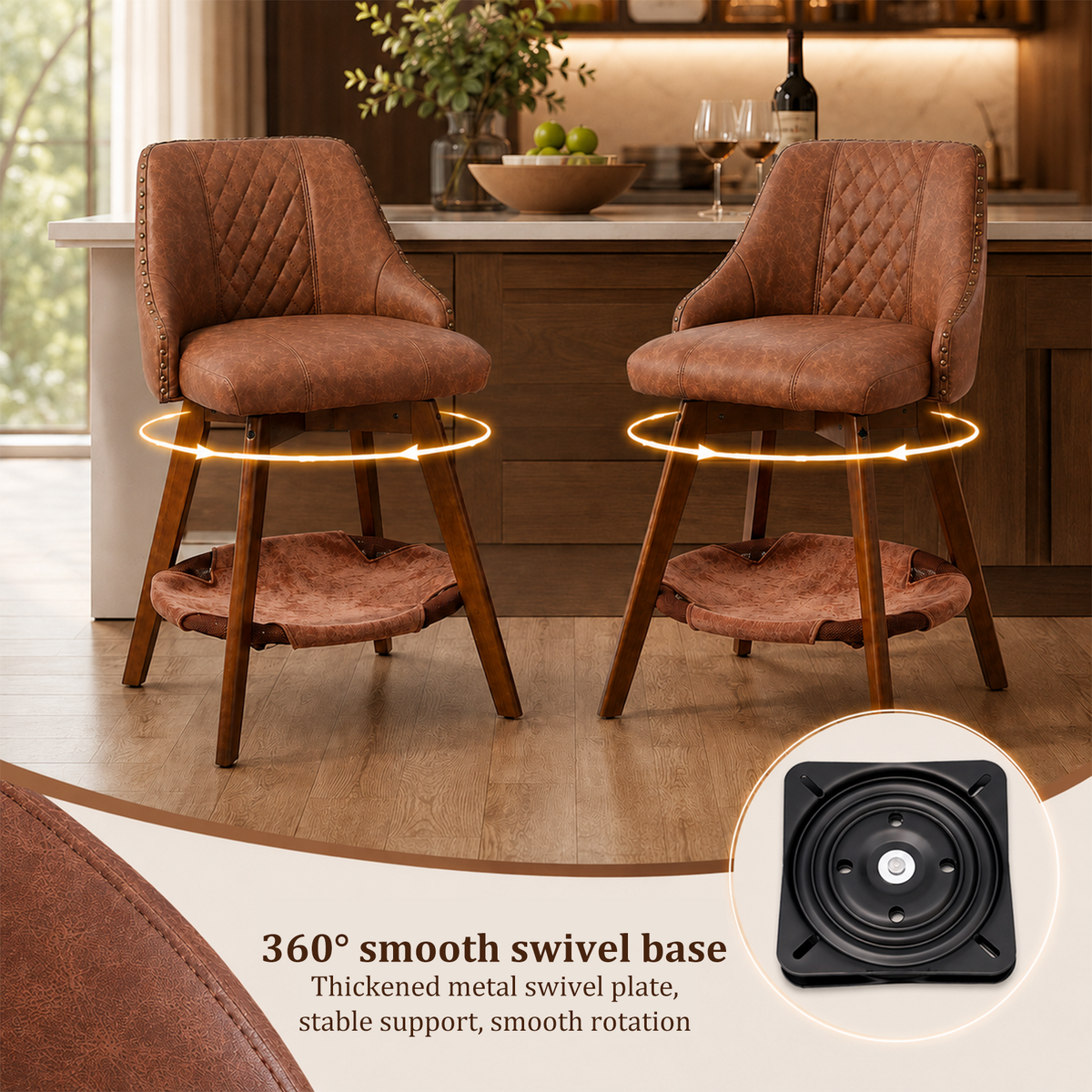 HomeMiYN Set of 2 Wooden Rotatable Padded Bar Stools with Pet Cave