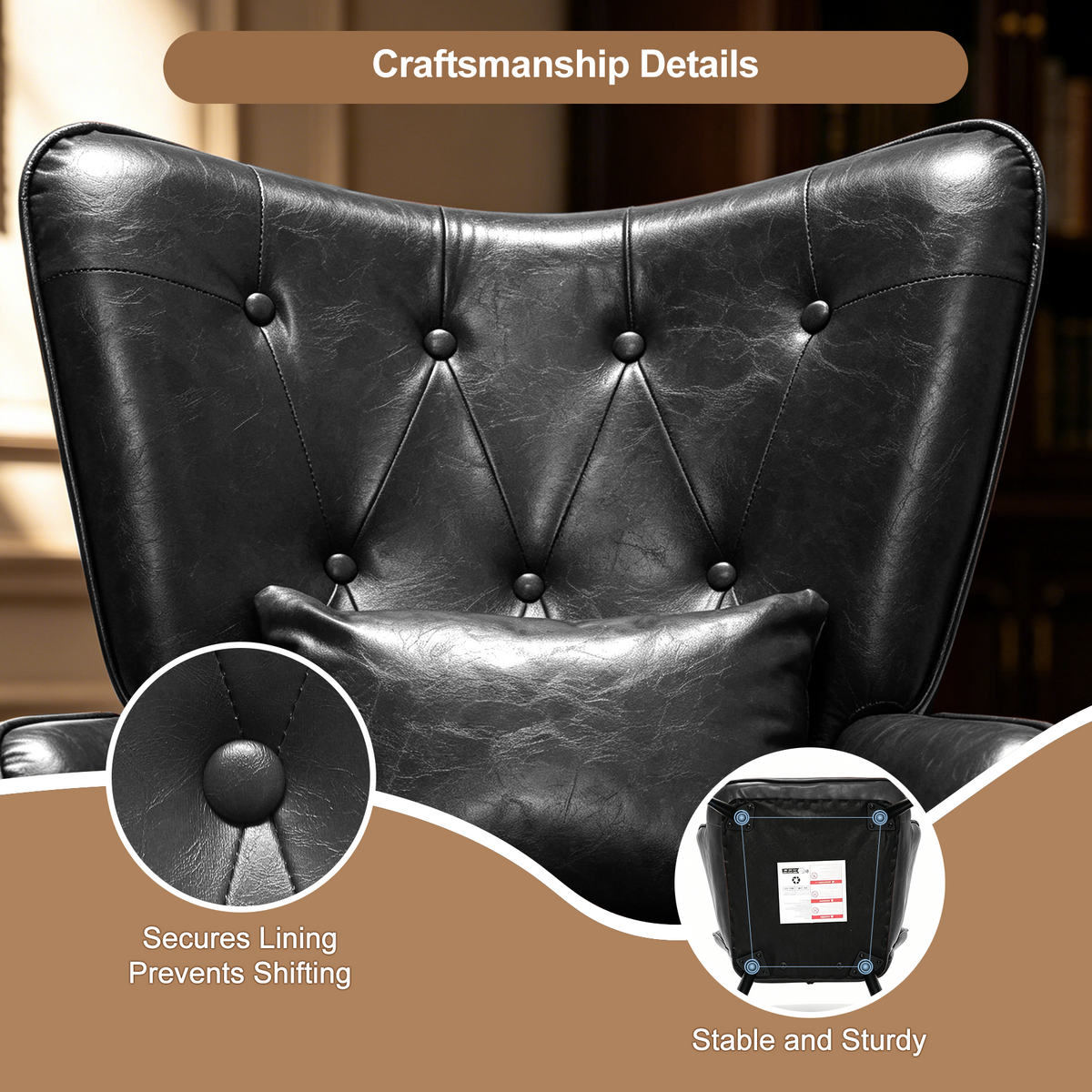 HomeMiYN PU Leather Wingback Chair with Stool & Lumbar Support Solid Wood Legs