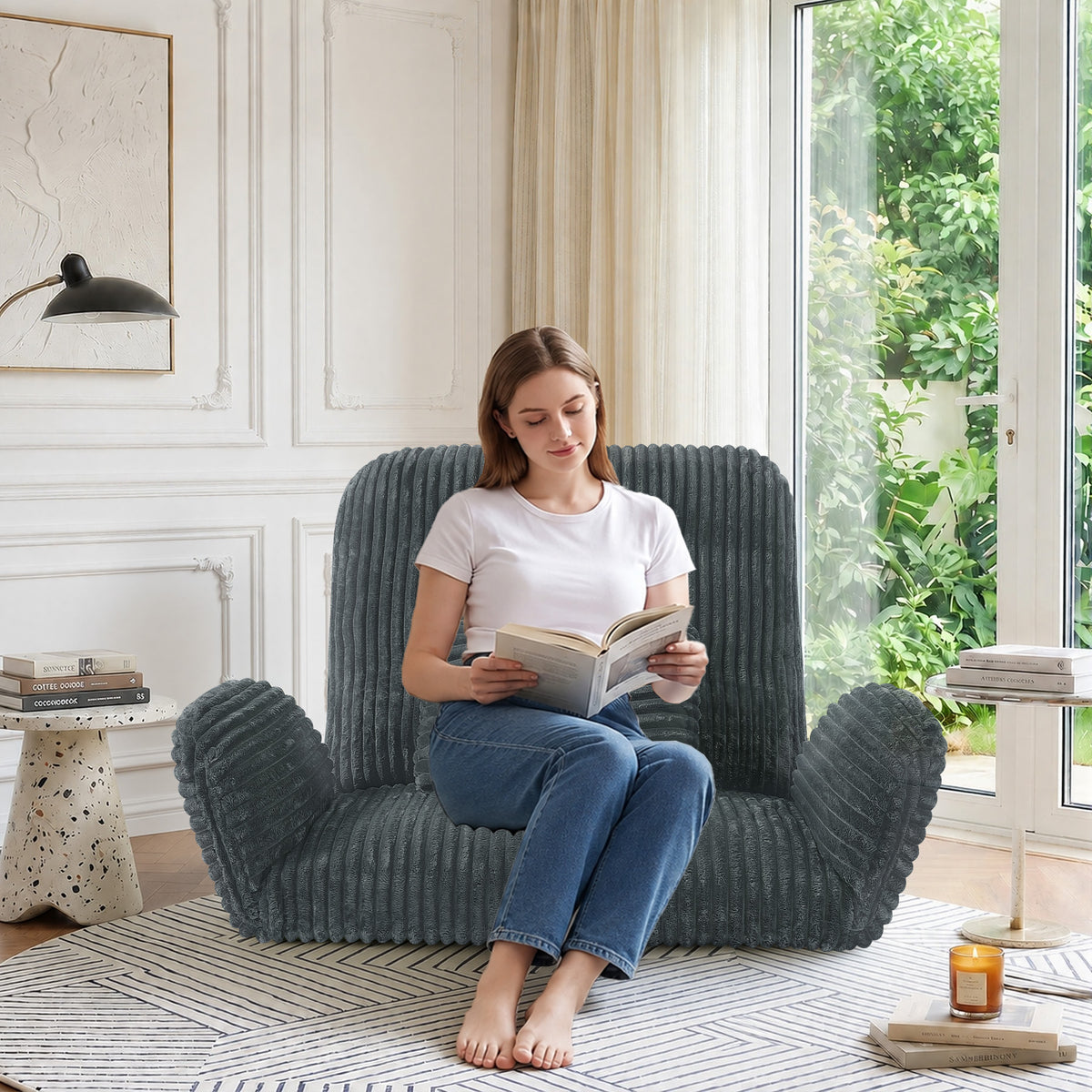 HomeMiYN Striped Plush Foldable Lazy Recliner Armchair with Cushion for Living Room and Bedroom