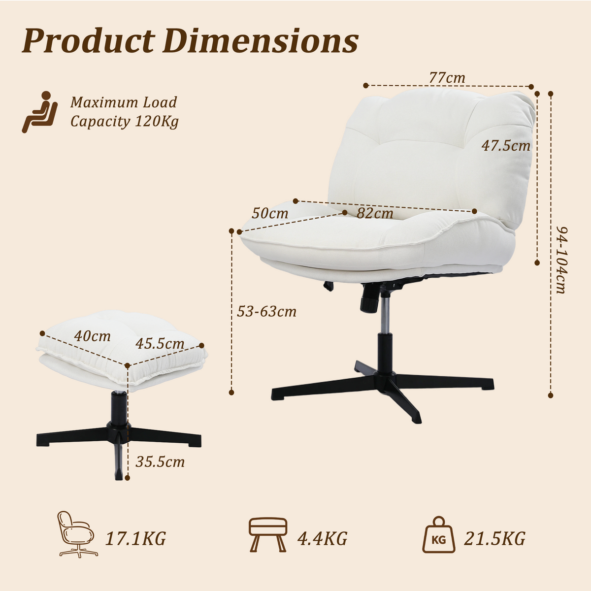 HomeMiYN Ergonomic Armless Office Chair with Adjustable Backrest & Footrest