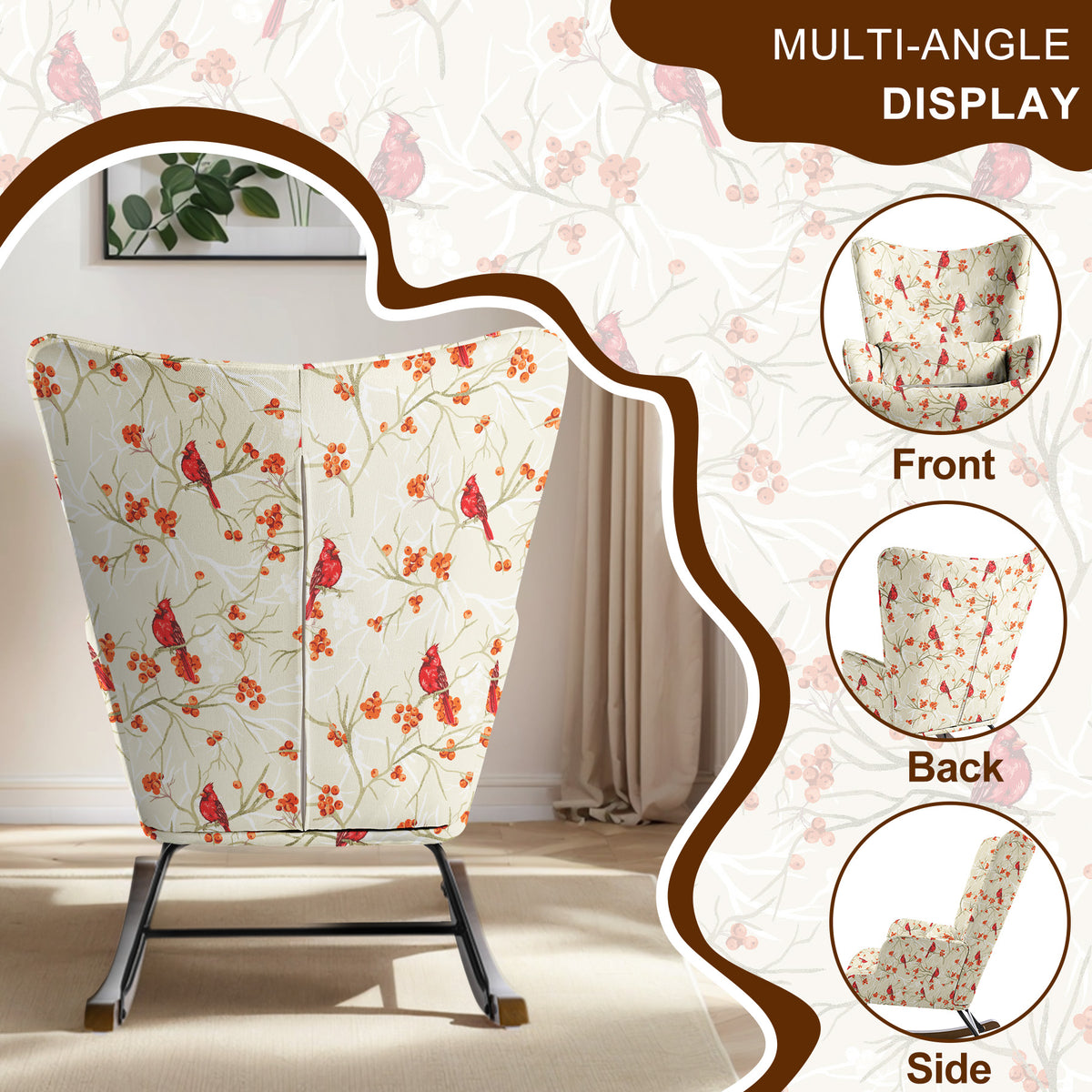 HomeMiYN Modern Single Rocking Chair, Printed Linen-Look Fabric with Ample Cushioned Seat