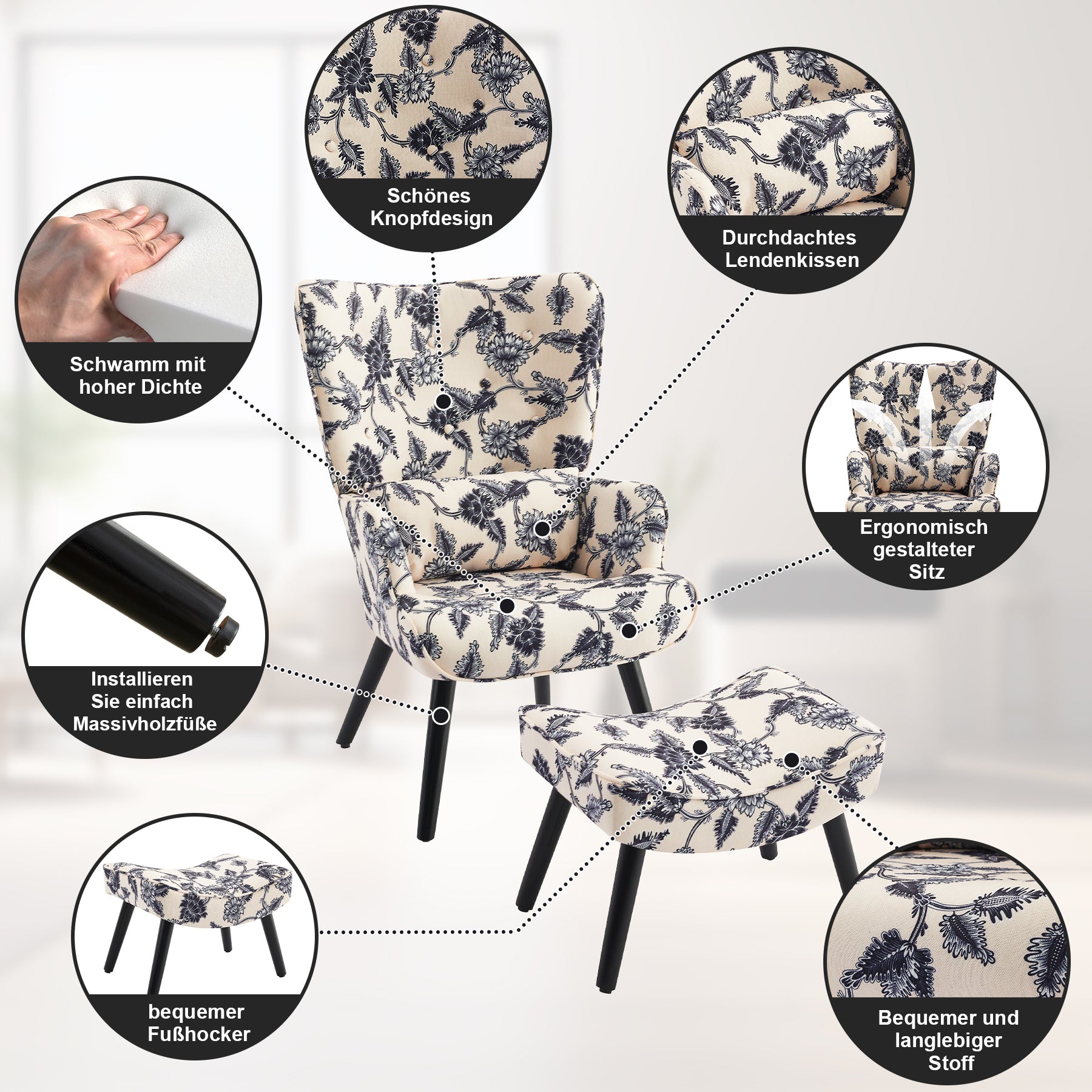 Printed Single Seater Sofa in Faux Linen Fabric