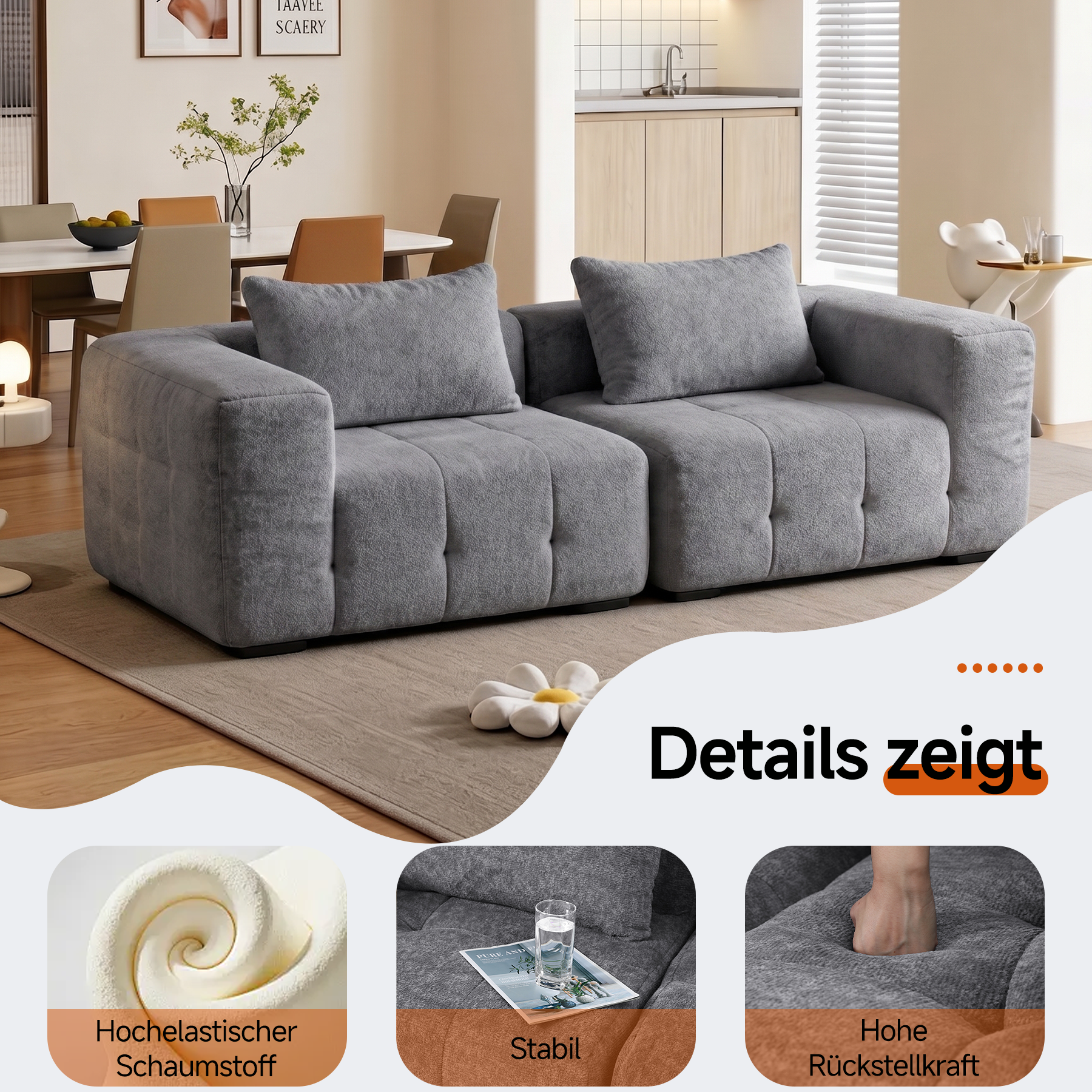 2er Boneless Sofa, Modular Sofa aus Chenille, Ohne Montage | Cloud Couch, Komprimiertes Sofa, hochelastisch, frei kombinierbares Wohnzimmer Sofa bis 240 kg