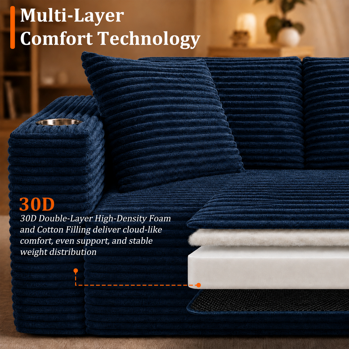HomeMiYN 265cm 3-Seater L-Shaped Corner Sofa with Chaiselounge, No Assembly Required