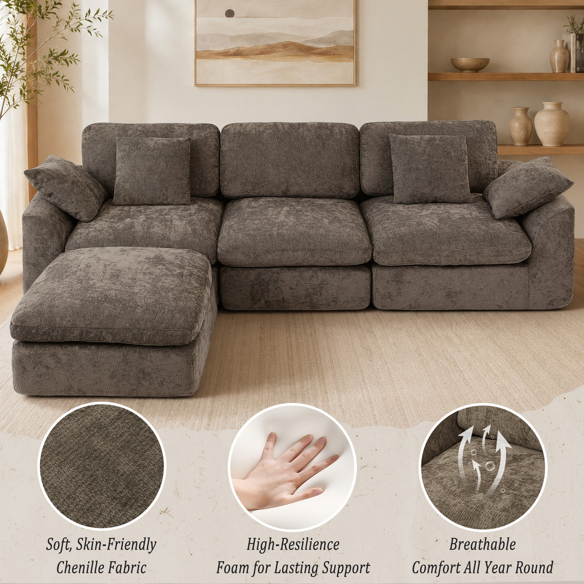 HomeMiYN 281cm 3-Seater L-Shaped Modular Corner Sofa, Chenille Fabric, Non-Vacuum Packaged
