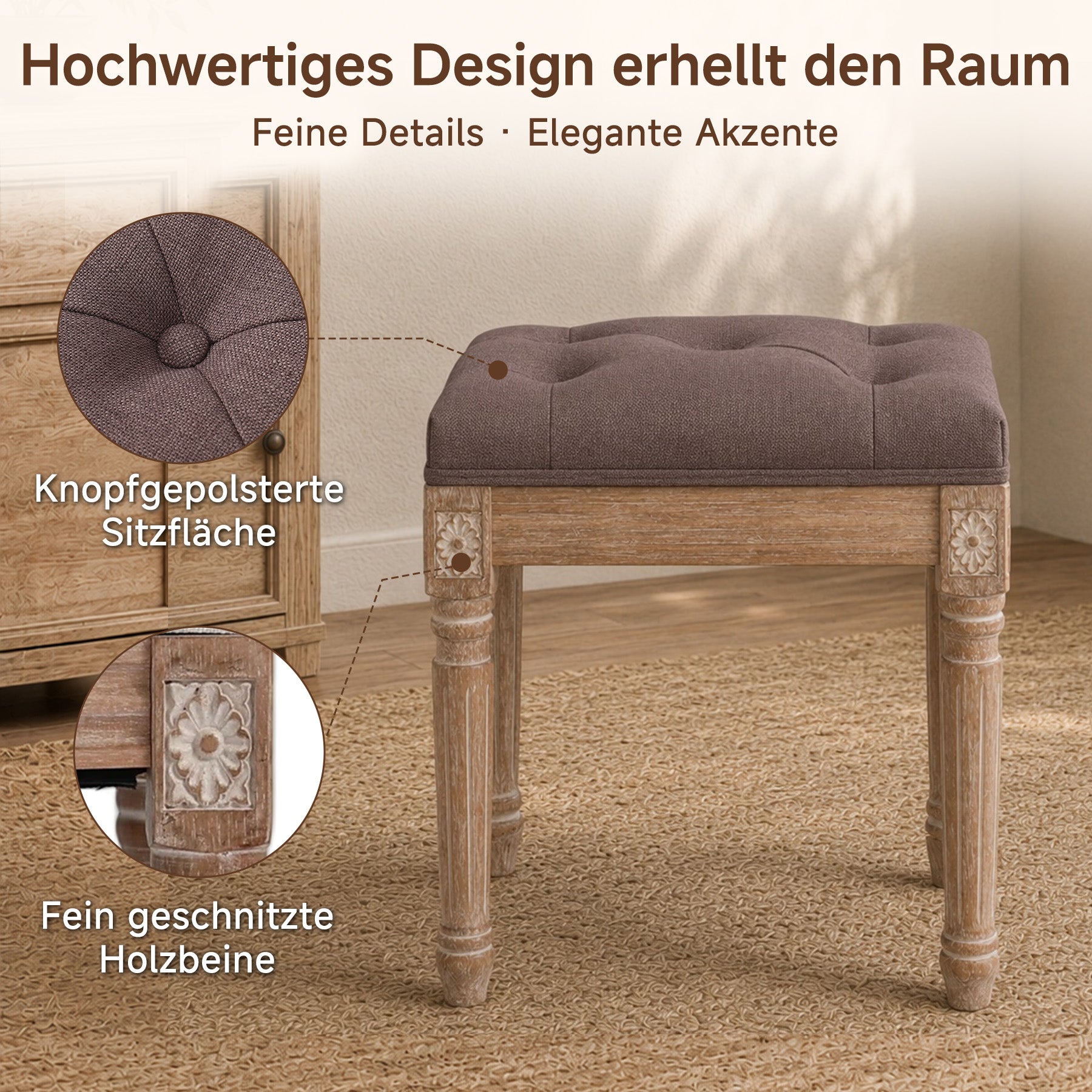 Schuhhocker Vintage mit Schnitzereien, gepolsterter Sitz, Einzelsitz | Vintage Schuhhocker aus Massivholz mit Schnitzereien. Getufteter Sitz, stabiler Used-Look für Flur oder Schlafzimmer.