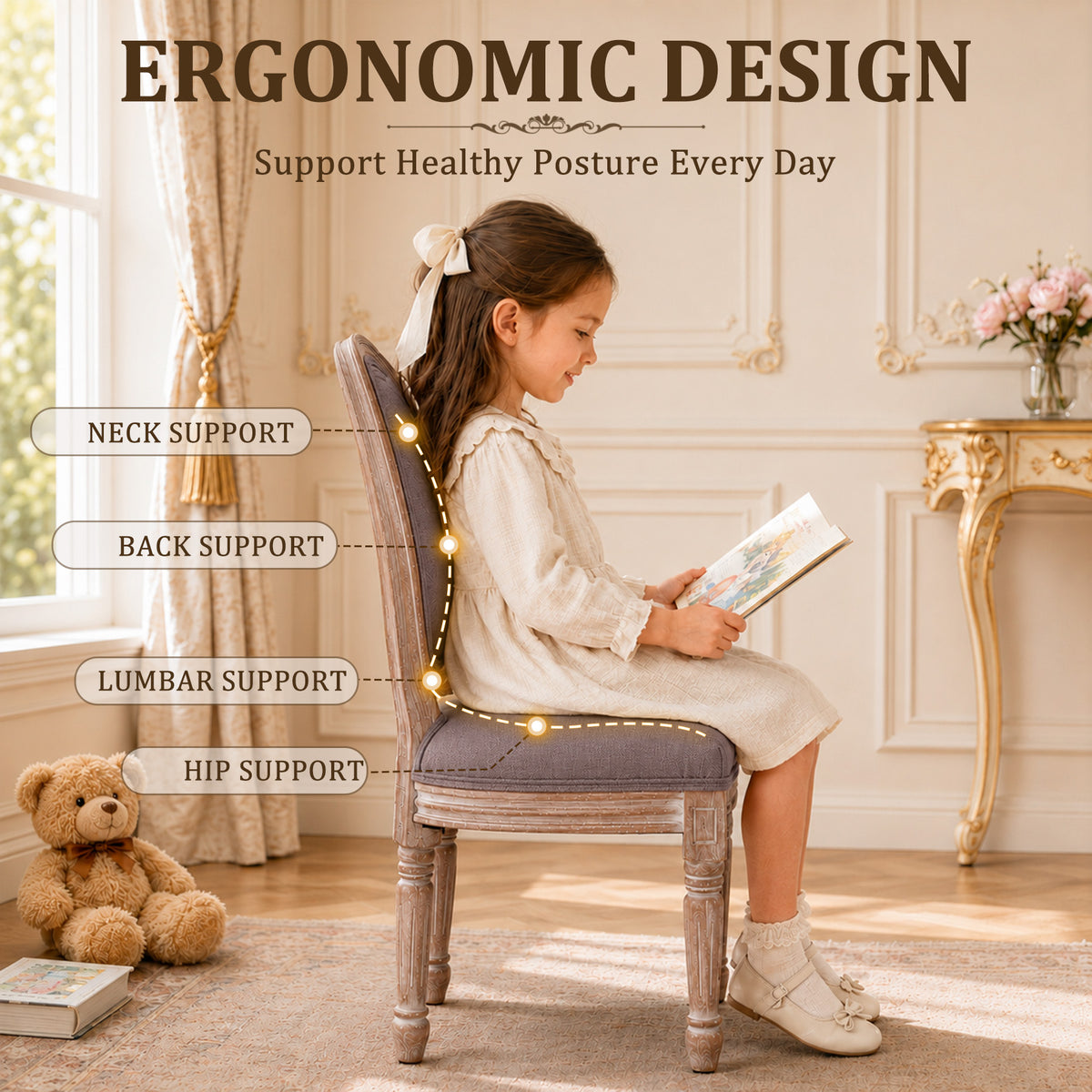 HomeMiYN Set of 2 Wooden Kids Chairs Beige Padded Seat for Ages 3+