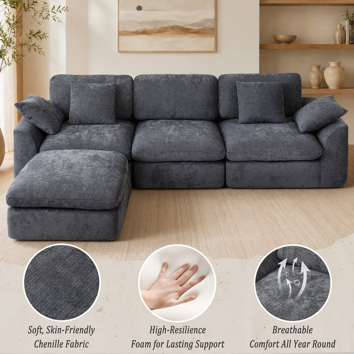 HomeMiYN 281cm 3-Seater L-Shaped Modular Corner Sofa, Chenille Fabric, Non-Vacuum Packaged