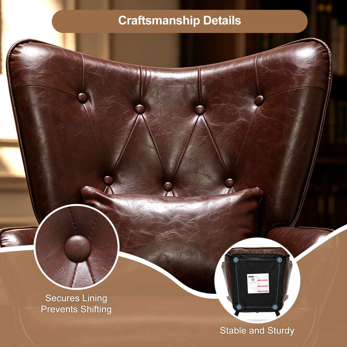 HomeMiYN PU Leather Wingback Chair with Stool & Lumbar Support Solid Wood Legs