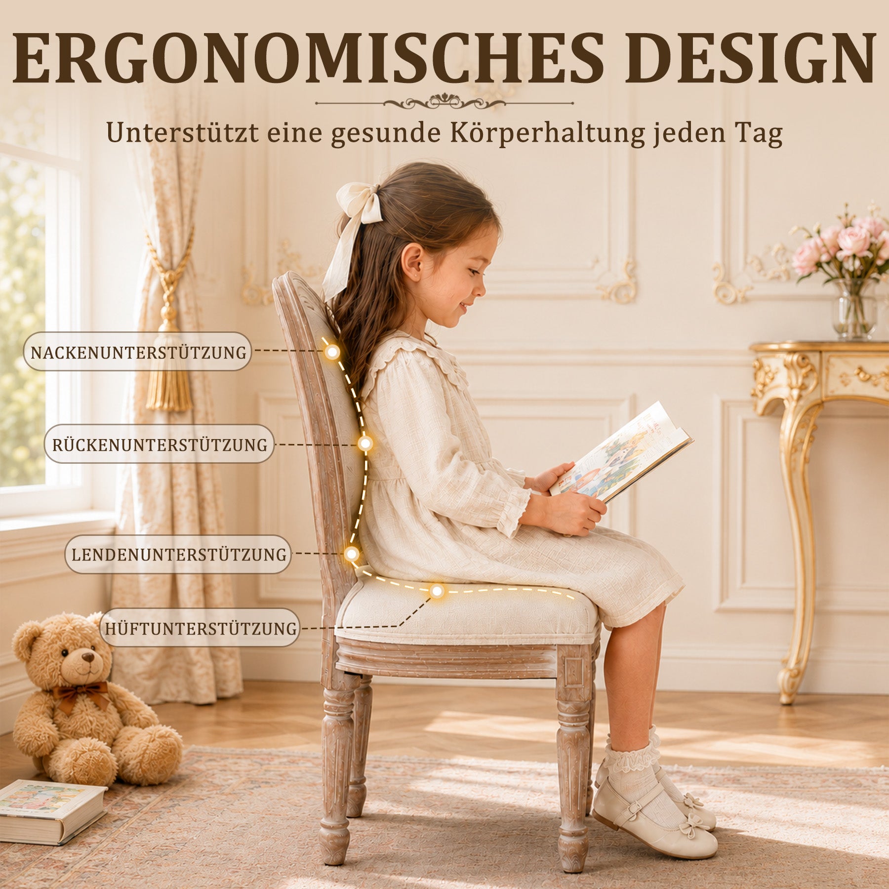 Kinder Holzstuhl,Geeignet für Kinder von 3 bis 12 Jahren,Ergonomische Sitzfläche,Medaillonstuhl Design,Leicht zu reinigen,Kinderstuhl für Zimmer und Garten,Kaffeebraun