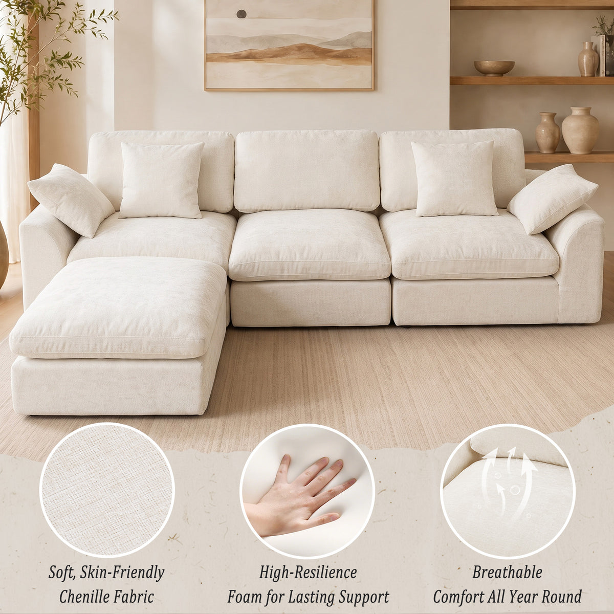 HomeMiYN 281cm 3-Seater L-Shaped Modular Corner Sofa, Chenille Fabric, Non-Vacuum Packaged