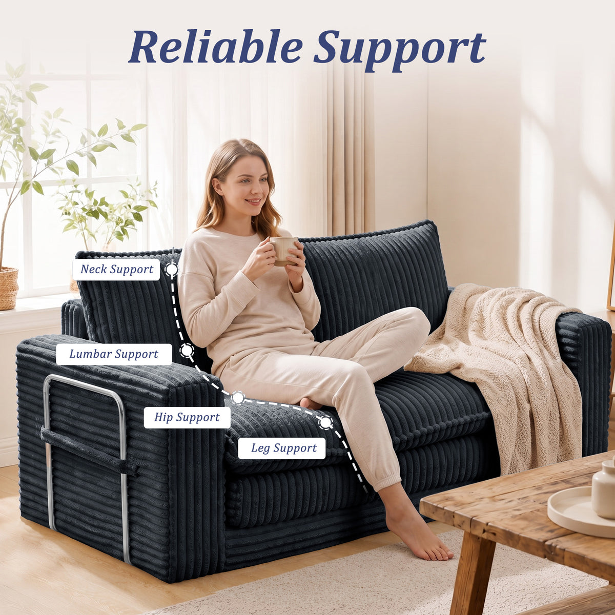 HomeMiYN 2-Seater Corduroy Sofa Bed, 140cm Wide, High Density Foam, No Assembly Required