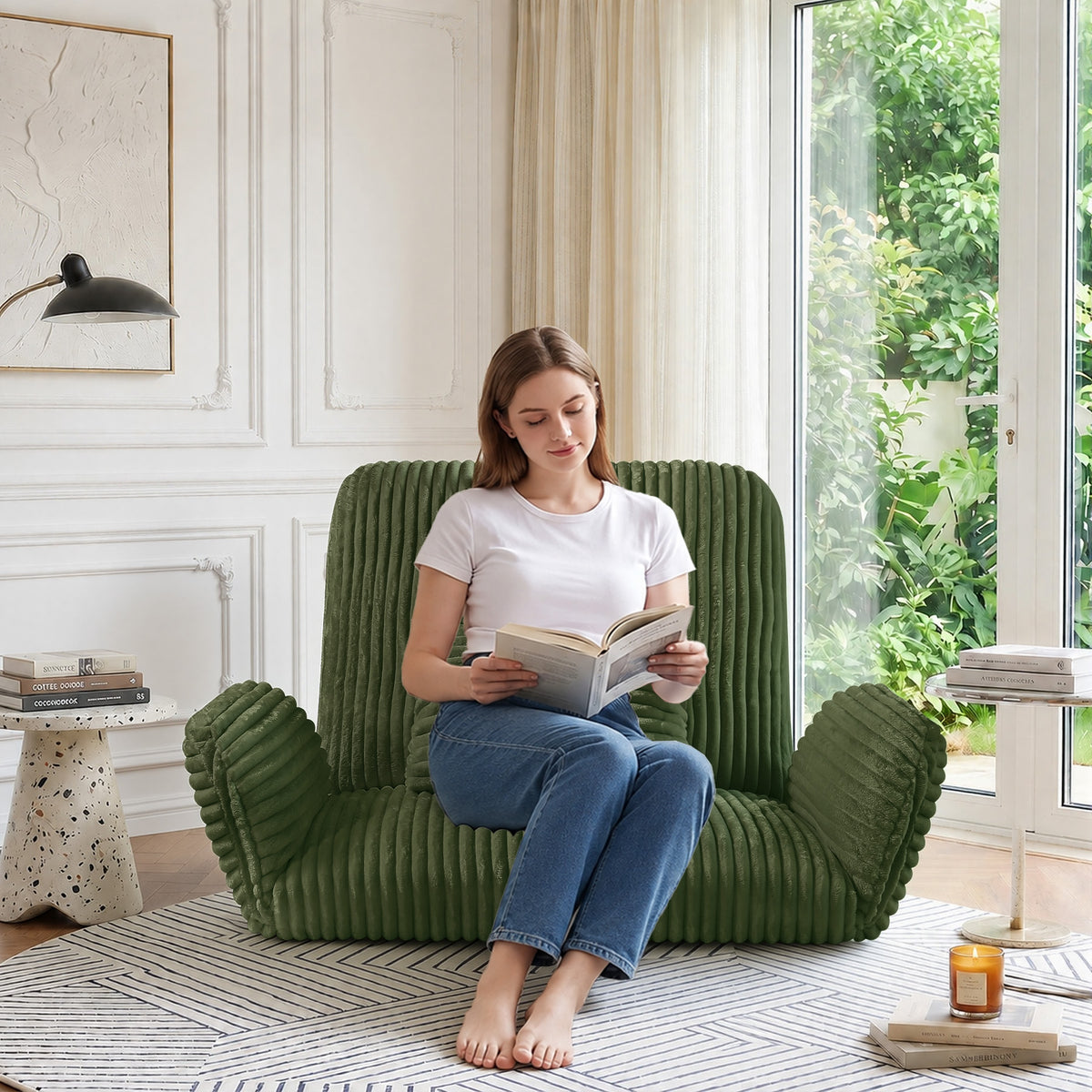 HomeMiYN Striped Plush Foldable Lazy Recliner Armchair with Cushion for Living Room and Bedroom