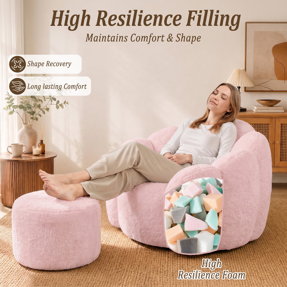 HomeMiYN Plush Bean Bag Chair with Stool for Living Room and Bedroom