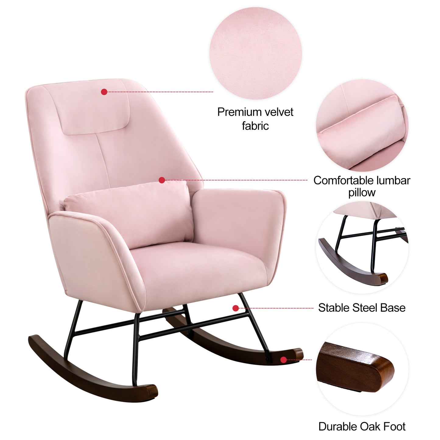 HomeMiYN Velvet Lounge Rocking Chair Light Pink Upholstered Accent Chair