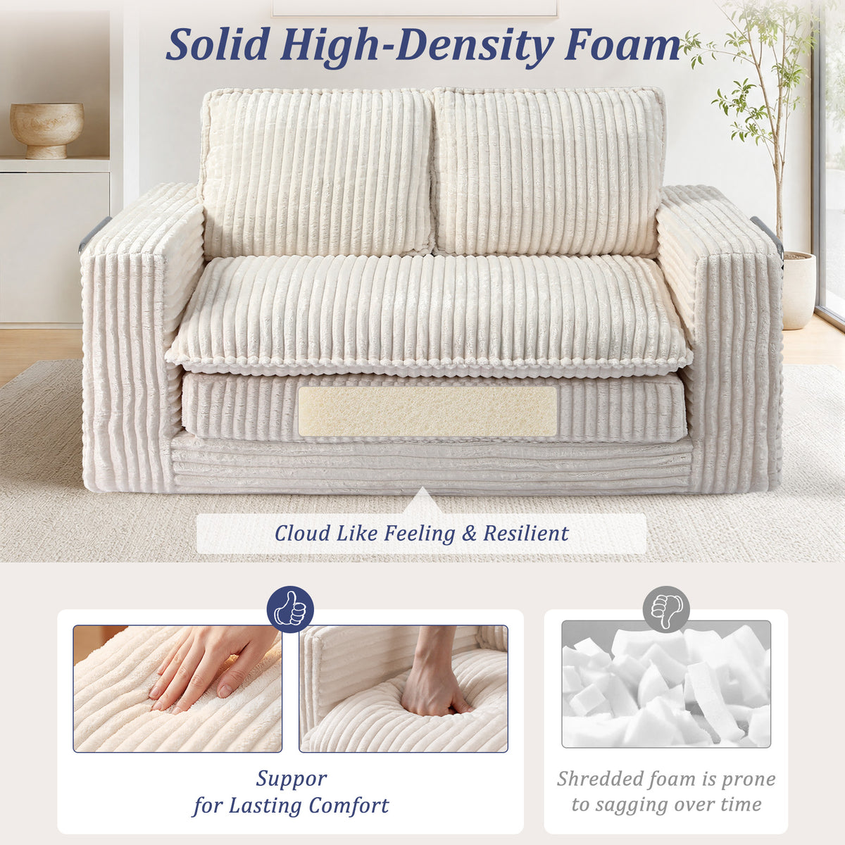 HomeMiYN 2-Seater Corduroy Sofa Bed, 140cm Wide, High Density Foam, No Assembly Required