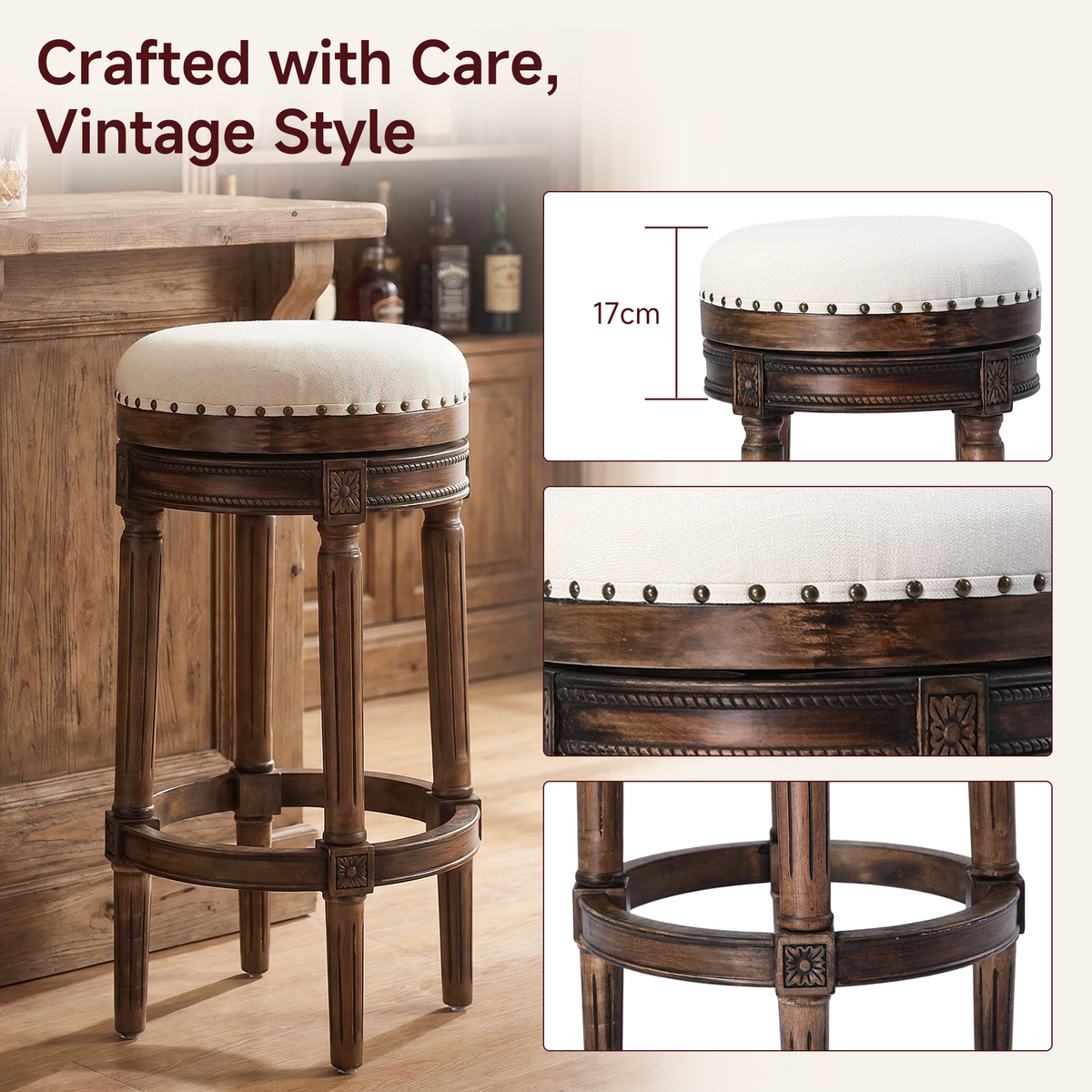 HomeMiYN Wooden Swivel Bar Stool Upholstered Retro Design with Studs