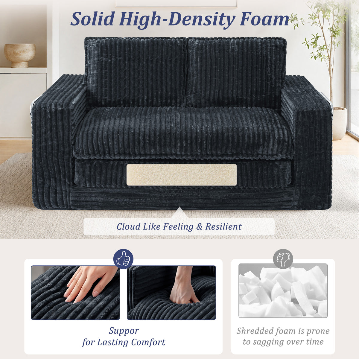 HomeMiYN 2-Seater Corduroy Sofa Bed, 140cm Wide, High Density Foam, No Assembly Required
