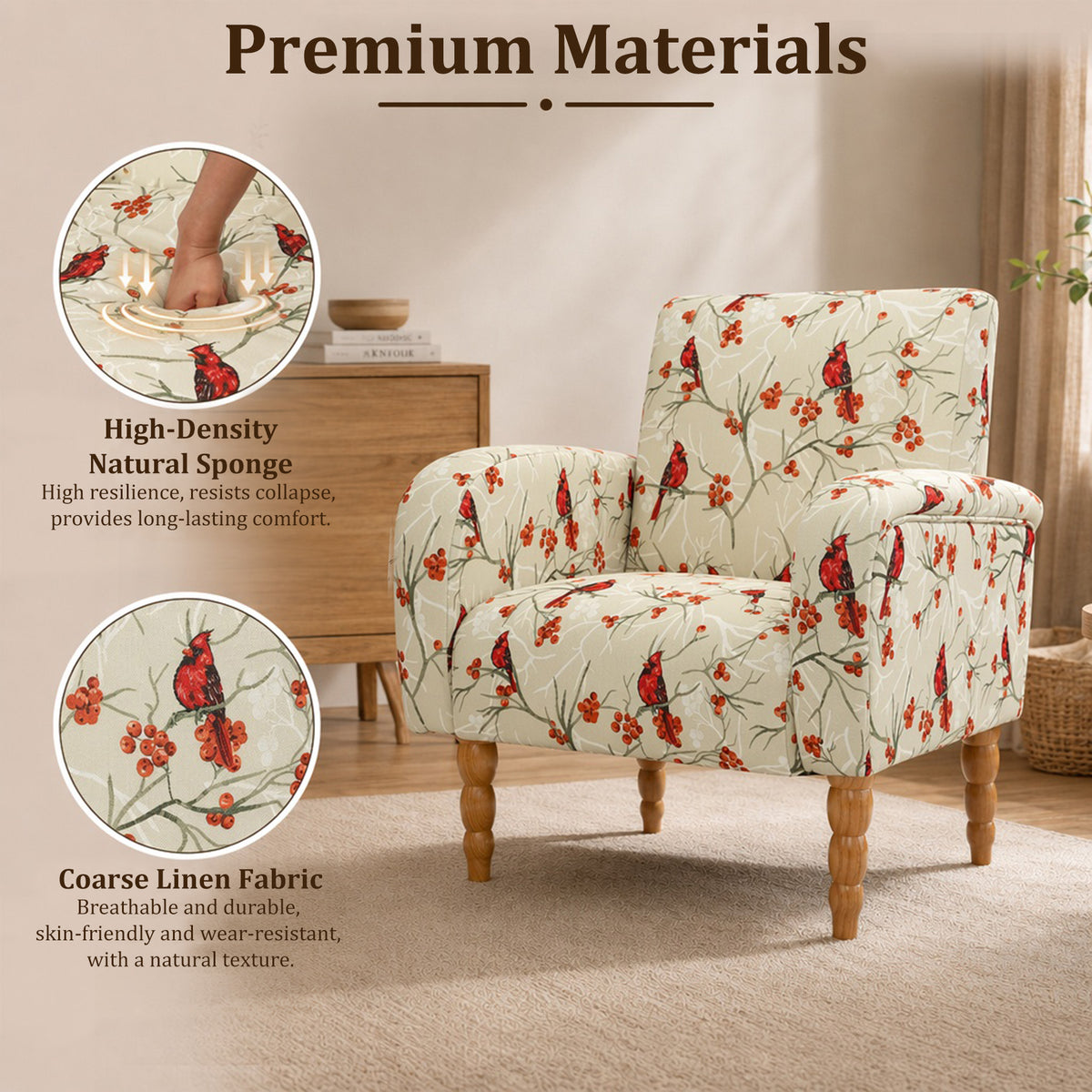 HomeMiYN Upholstered Living Room Armchair with Solid Wood Legs