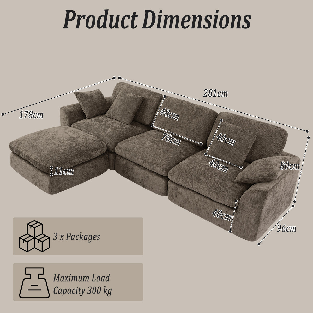 HomeMiYN 281cm 3-Seater L-Shaped Modular Corner Sofa, Chenille Fabric, Non-Vacuum Packaged