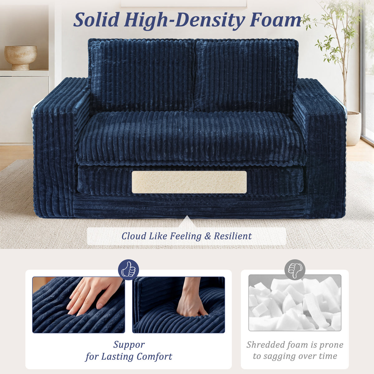 HomeMiYN 2-Seater Corduroy Sofa Bed, 140cm Wide, High Density Foam, No Assembly Required