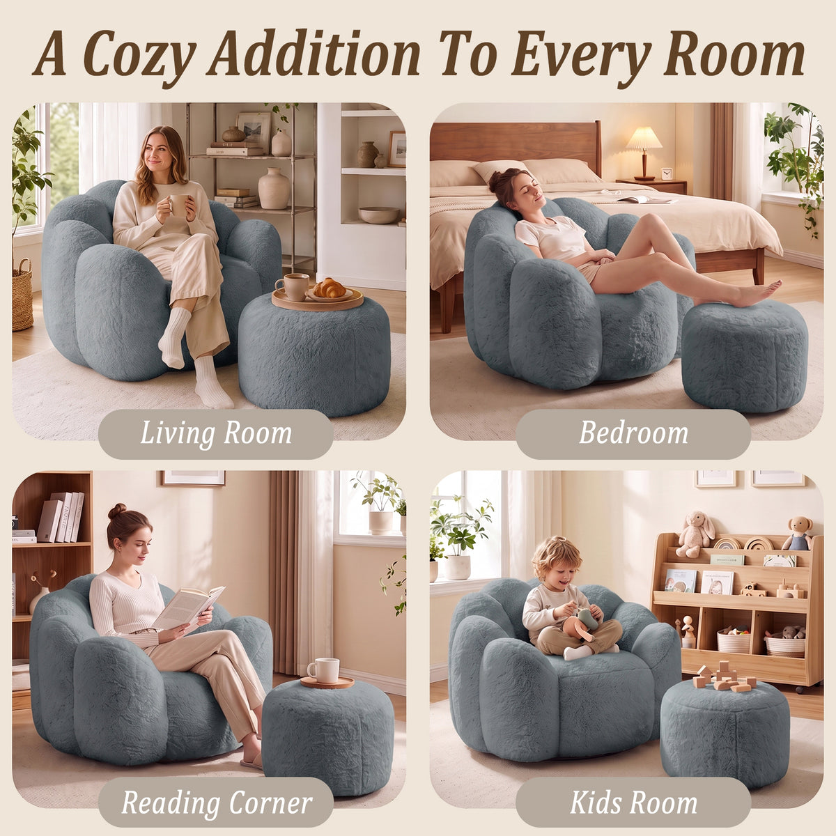 HomeMiYN Plush Bean Bag Chair with Stool for Living Room and Bedroom