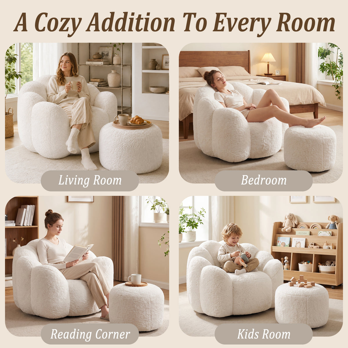 HomeMiYN Plush Bean Bag Chair with Stool for Living Room and Bedroom