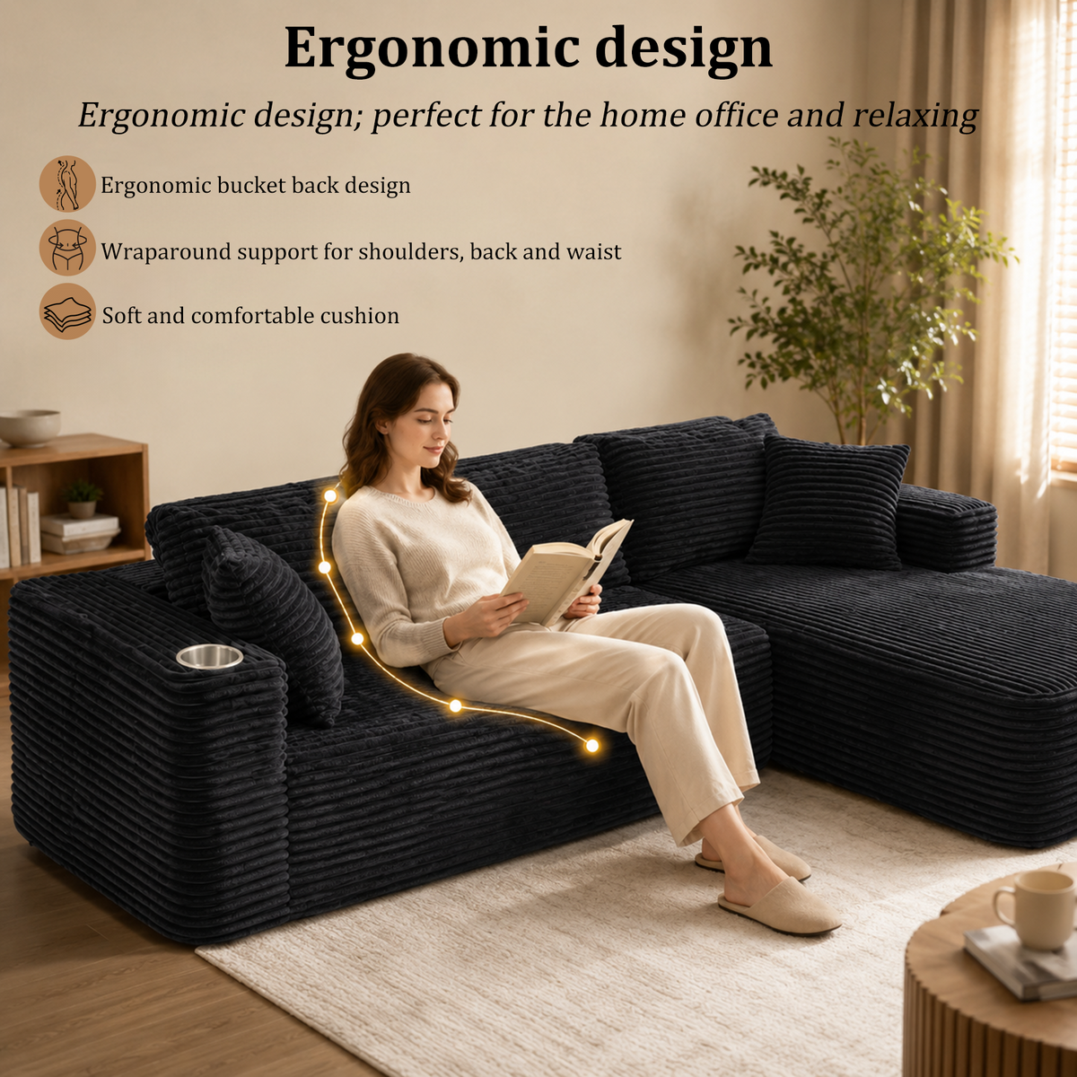HomeMiYN 265cm 3-Seater L-Shaped Corner Sofa with Chaiselounge, No Assembly Required