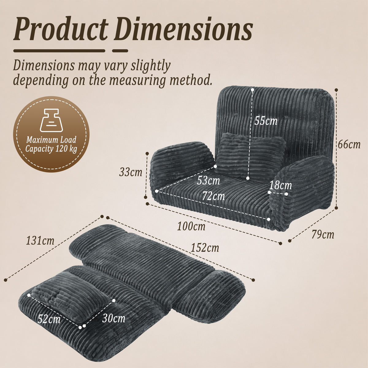 HomeMiYN Striped Plush Foldable Lazy Recliner Armchair with Cushion for Living Room and Bedroom